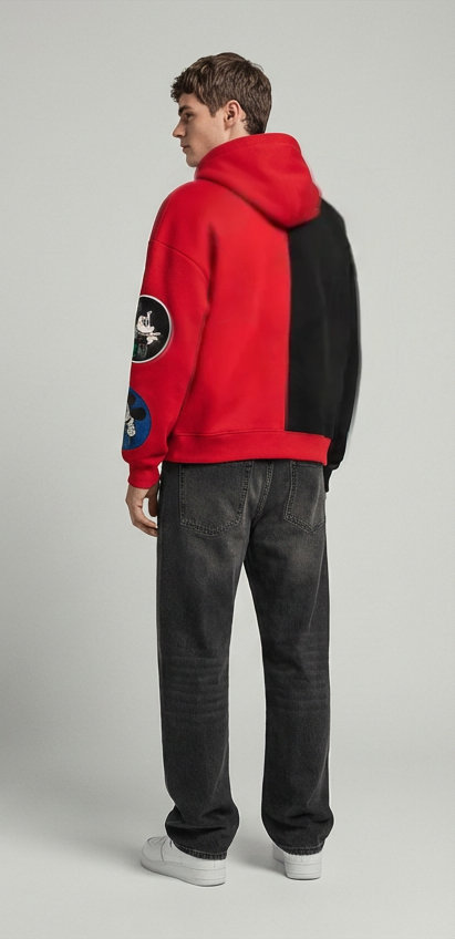 Character Patch Color-Block Hoodie - Red Black
