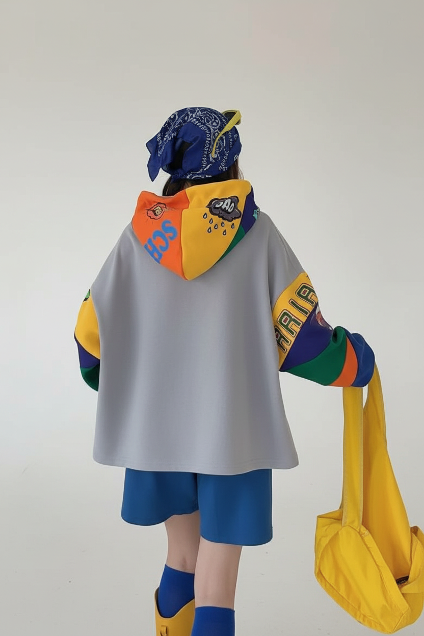 Grey Vibe-Patch Multi-Color Panel Hoodie