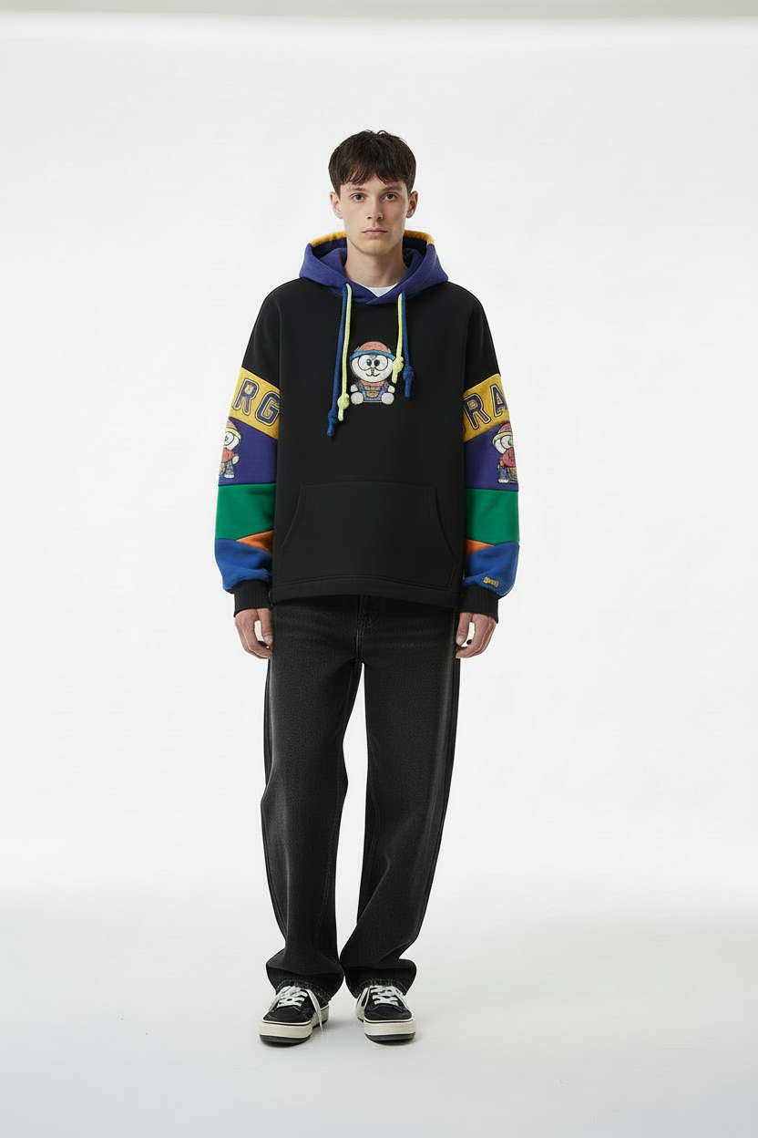 Color-Blocked Character Hoodie - Black Multi
