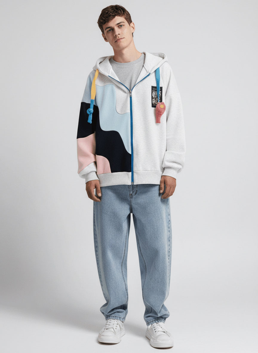 Abstract Color-Block Zip Hoodie - White Multi