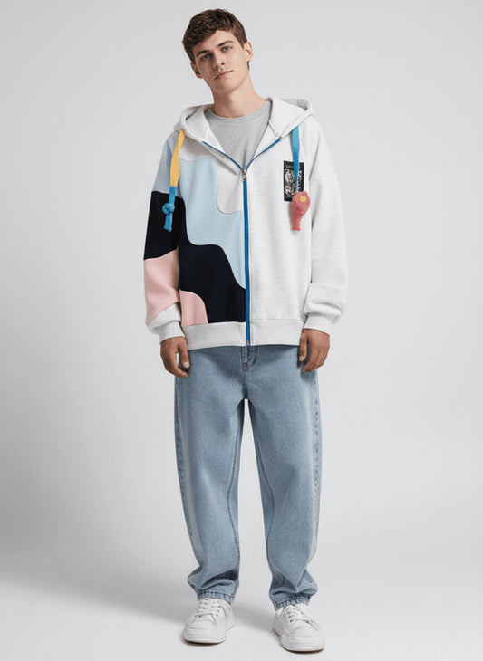 Abstract Color-Block Zip Hoodie - White Multi