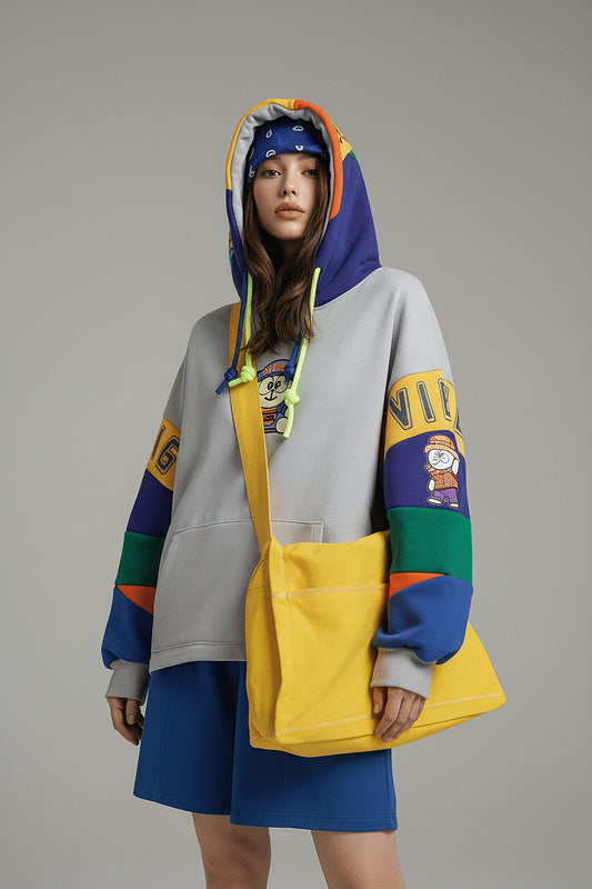 Grey Vibe-Patch Multi-Color Panel Hoodie