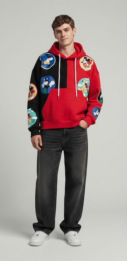 Character Patch Color-Block Hoodie - Red Black