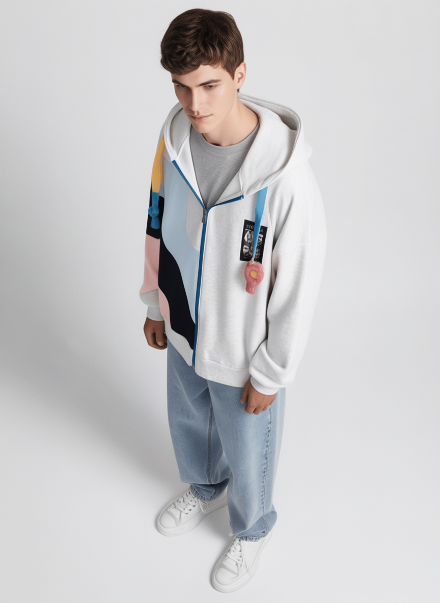 Abstract Color-Block Zip Hoodie - White Multi