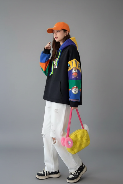 Black Vibe-Patch Multi-Color Panel Hoodie