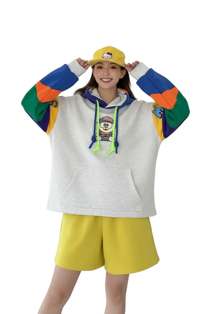 White Vibe-Patch Multi-Color Panel Hoodie