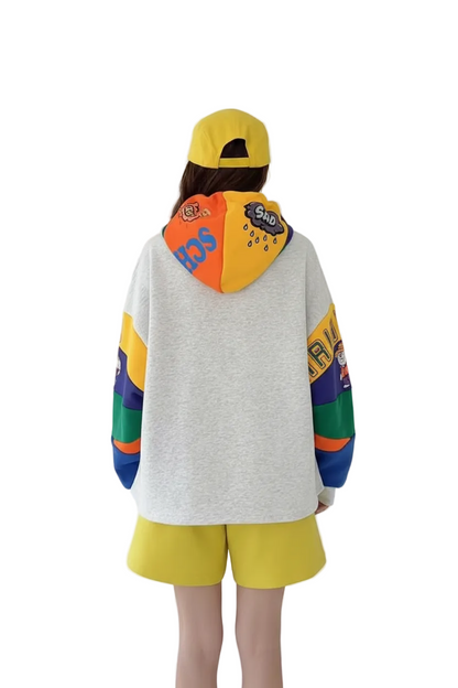 White Vibe-Patch Multi-Color Panel Hoodie