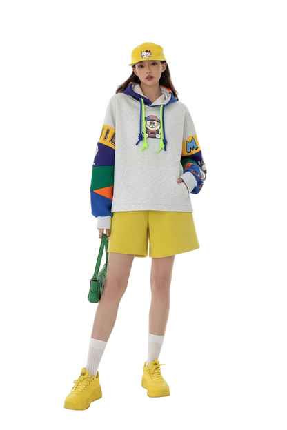 White Vibe-Patch Multi-Color Panel Hoodie