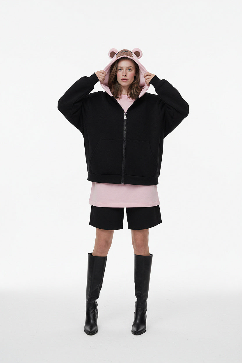 Zip-Up Hoodie - Black & Pink